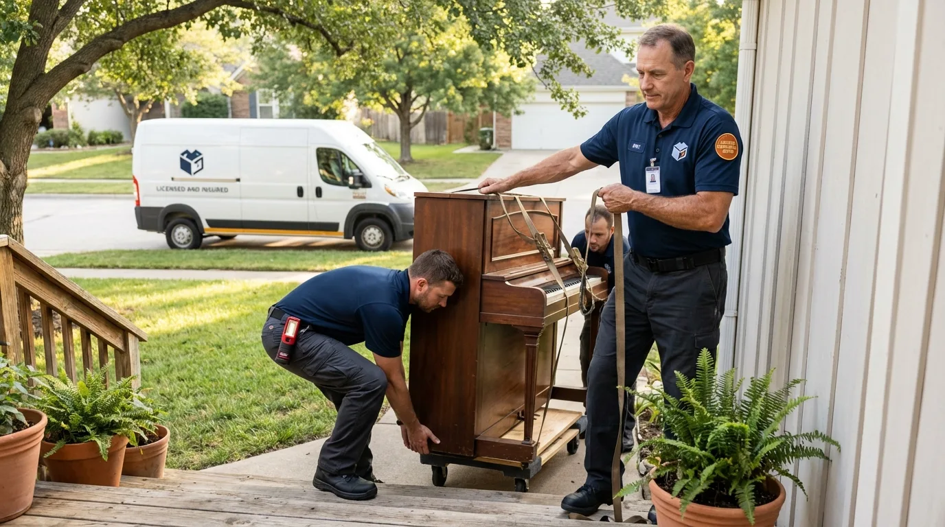 Licensed piano movers securing grand piano in Long Prairie, MN