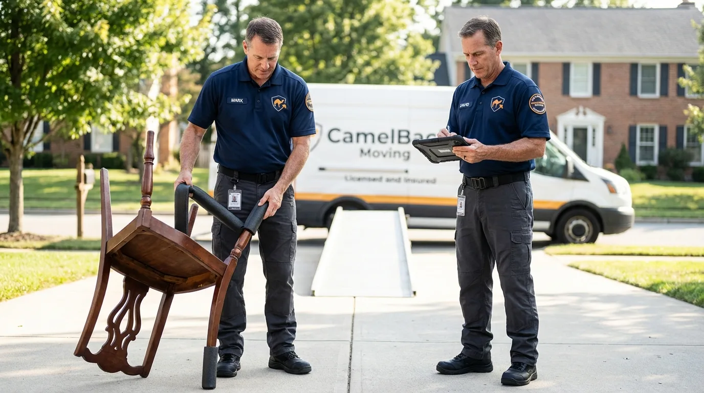 Movers inspecting furniture for damage prevention before loading in Long Prairie, MN