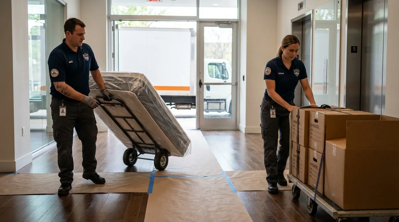 Professional apartment movers loading elevator in Long Prairie, MN